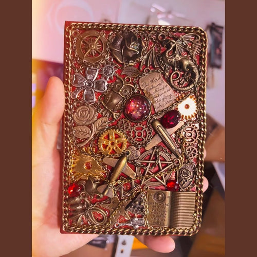Elara Redwell – Handmade Steampunk Journal with Ruby Gem, BrassBound Pages
