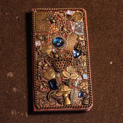 Isolde Bluevale – Handmade Magic Journal with Blue Gem, Owl, Postcard and Mushroom Charms. BrassBound Pages