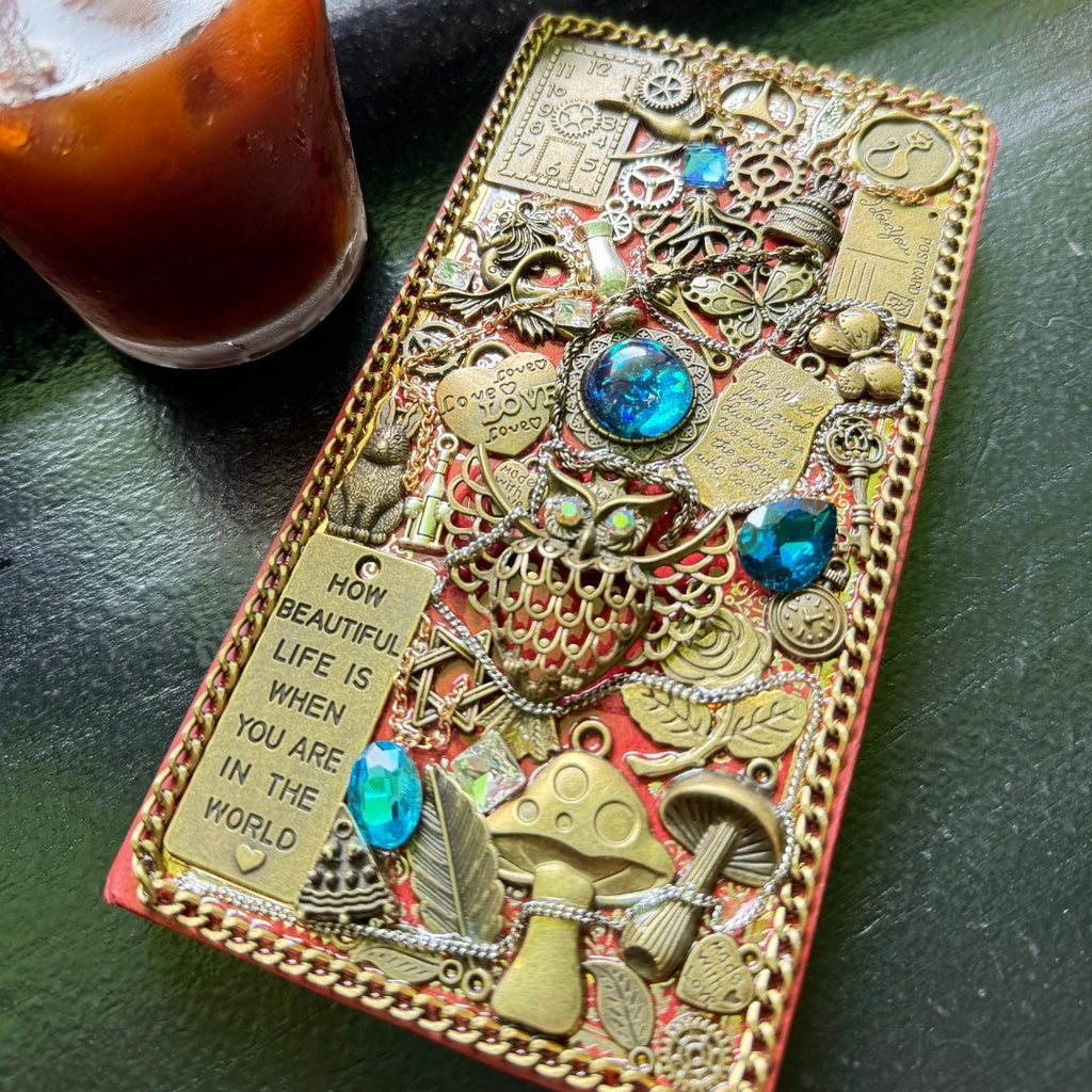 Isolde Bluevale – Handmade Magic Journal with Blue Gems, Owl, Rose, Postcard and Mushroom Charms. BrassBound Pages