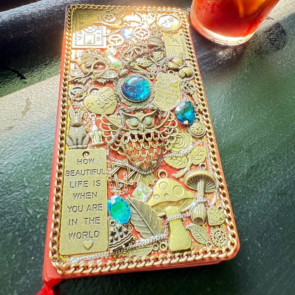Isolde Bluevale – Handmade Magic Journal with Blue Gem, Owl, Postcard and Mushroom Charms from BrassBound Pages