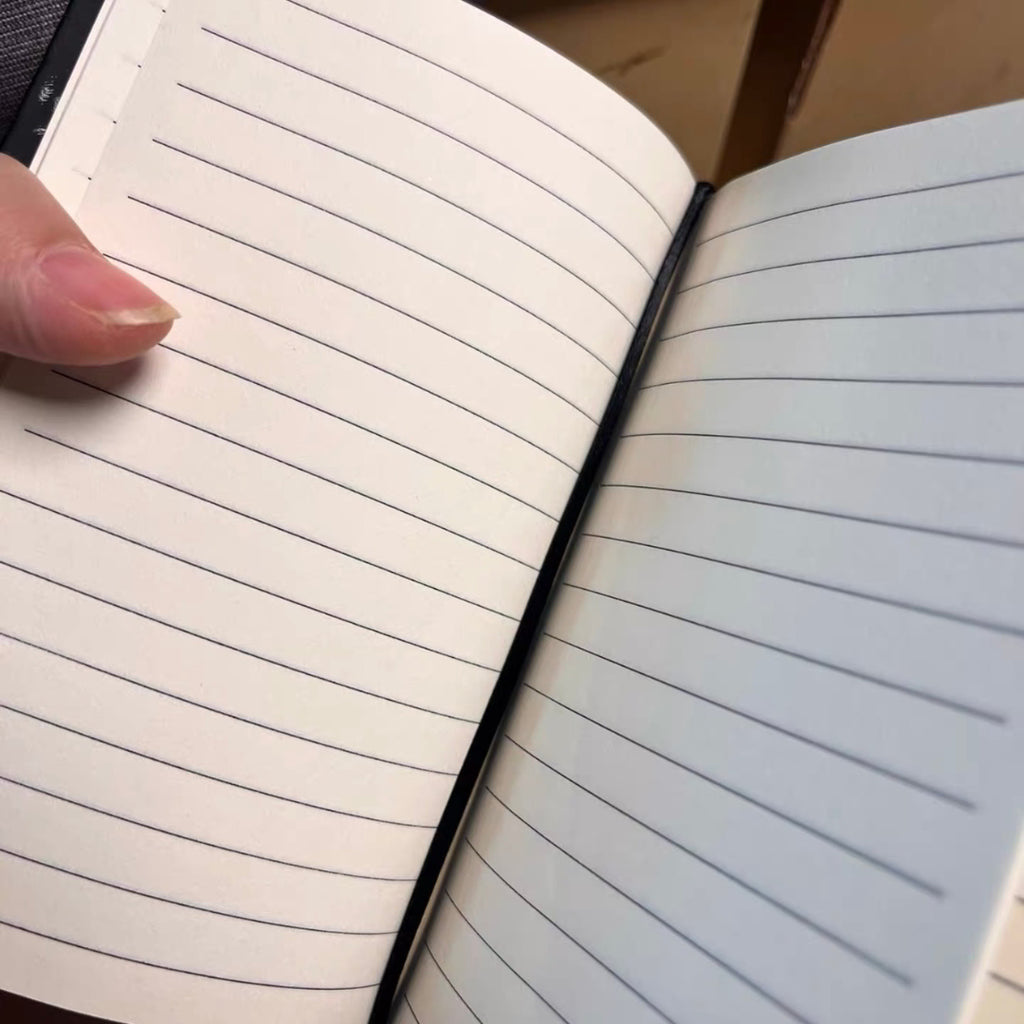 Inside pages of BrassBound Pages Seraphine Nightwing handmade steampunk journal, showing clean lined paper for writing, planning, or sketch notes